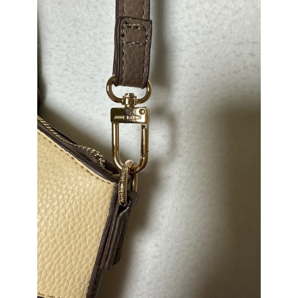 Anne Klein Two Tone Pebbled Satchel Crossbody Bag Beige Taupe Gold Tone NWOT